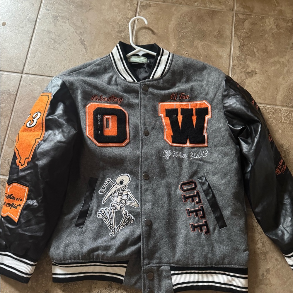 Off-White Gray and Black Bomber Jacket with Orange Accents